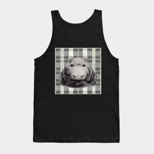 Hefty Hippopotamus in a coat, on a plaid background. Tank Top